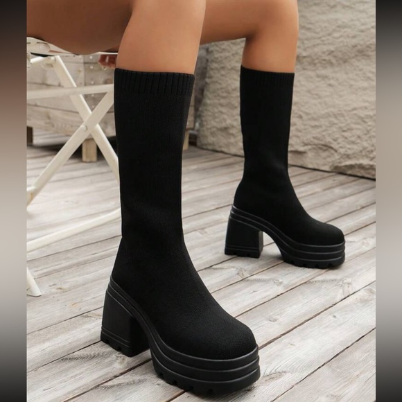 Women's Casual Knitted High Heel Thick Sole Fashion Boots, Elastic Over-the-knee - Picture 3 of 6